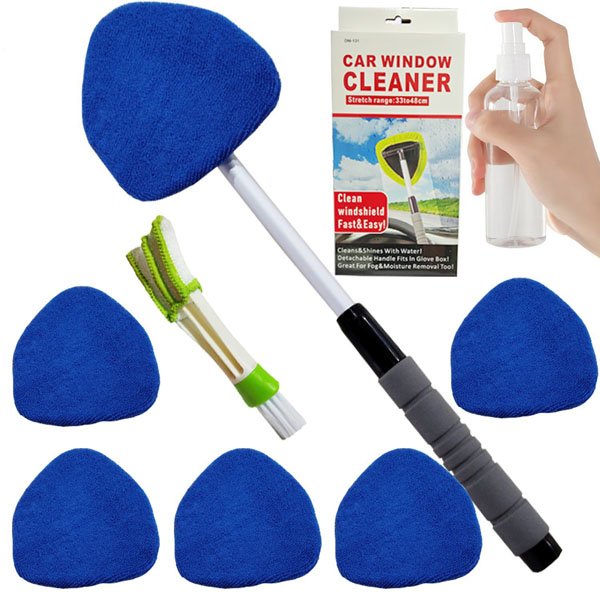 9pcs Windshield Cleaning Tool Inside Car Window Cleaner Wash Kit with 6 Reusable Microfiber Pads 1 Spray Bottle and brush