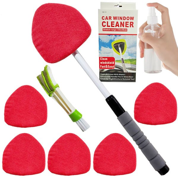 9pcs Windshield Cleaning Tool Inside Car Window Cleaner Wash Kit with 6 Reusable Microfiber Pads 1 Spray Bottle and brush