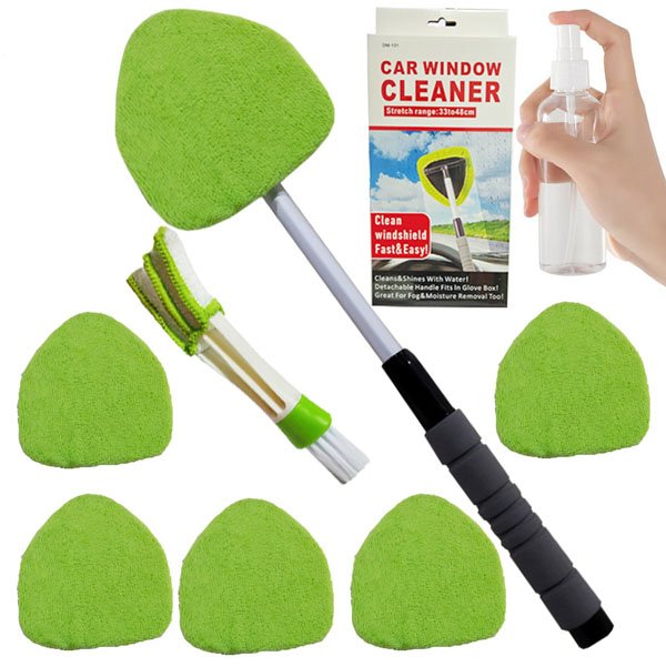 9pcs Windshield Cleaning Tool Inside Car Window Cleaner Wash Kit with 6 Reusable Microfiber Pads 1 Spray Bottle and brush