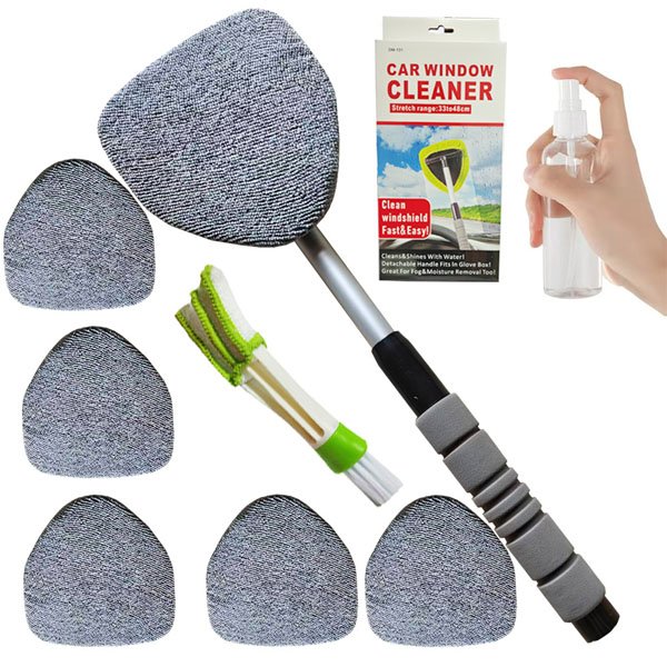 9pcs Windshield Cleaning Tool Inside Car Window Cleaner Wash Kit with 6 Reusable Microfiber Pads 1 Spray Bottle and brush
