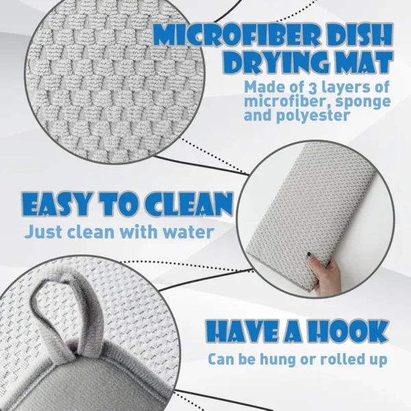 XL Size 3-Layer Microfiber Dish Drying Mat – Super Absorbent, Heat-Resistant, Space-Saving Kitchen Essential