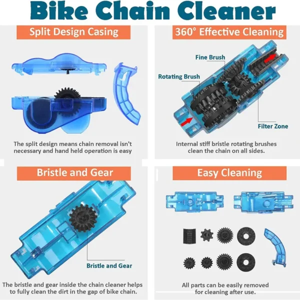 Bike Chain Cleaner with 360° Rotating Brushes, Split Design No Chain Removal Tool