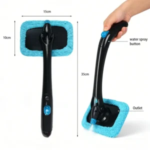 Quick Clear Foldable Car Windshield Cleaner Tool, 180° Pivoting Head with Reusable Microfiber Pad & Built-in Water Bottle