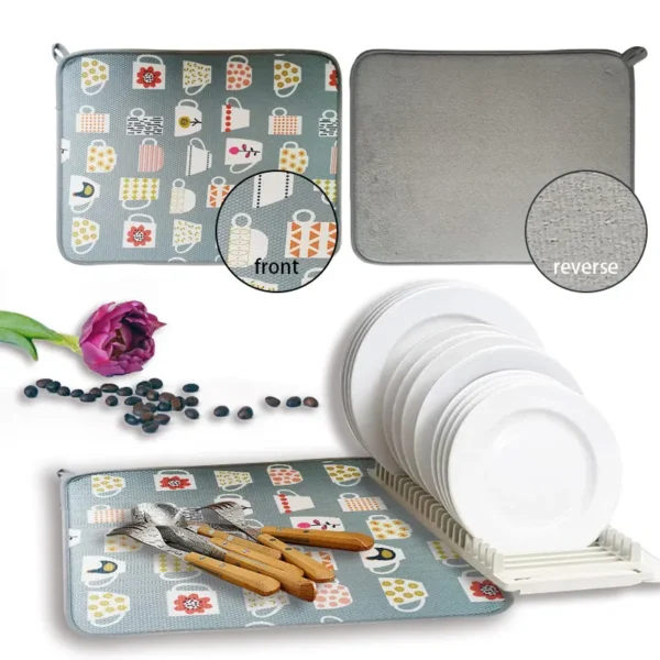 18"x24" Reversible Microfiber Dish Drying Mat | 3-Ply, Machine Washable, Double-Sided Print