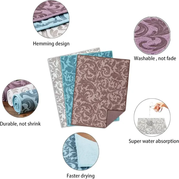 Elegant Pattern Microfiber Dish Drying Mat | Washable, Fade-Resistant, Super Absorbent Countertop Protector