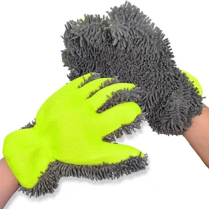 chenille microfiber car wash mitts, 5-finger design, green and gray