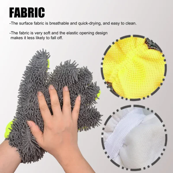 Close-up of chenille microfiber noodles on car wash mitt, lifts dirt safely