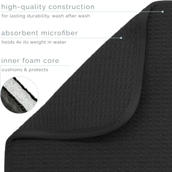 Cross-section of 3-layer dish drying mat: microfiber, foam core, durable backing