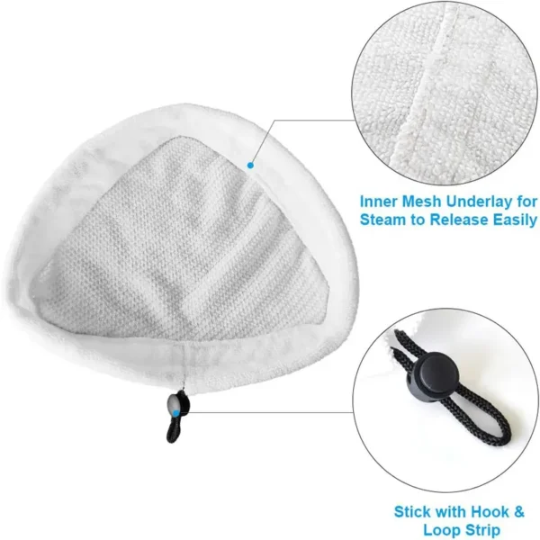 drawstring-lock-and-hook-loop-strip-steam-mop-pad Drawstring lock and hook-and-loop strip on triangular mop pad, secure fit