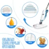 Triangular steam mop pad cleaning various hard floors including wood, tile, and bamboo