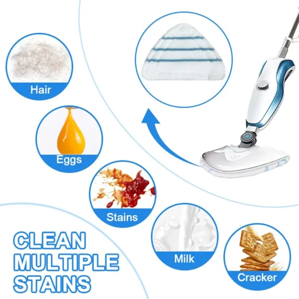 Triangular steam mop pad cleaning various hard floors including wood, tile, and bamboo