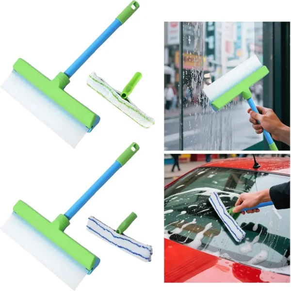 Multi-surface use of wide squeegee kit on home windows, shower doors, car glass, and solar panels