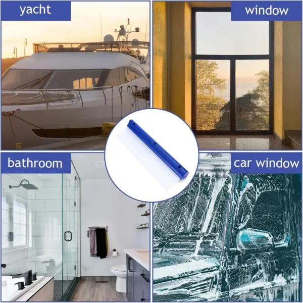Multi-use T-bar squeegee cleaning car windows, home glass, and shower doors, streak-free results