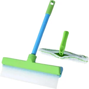 Wide curved silicone window squeegee kit with washable microfiber pad for streak-free cleaning