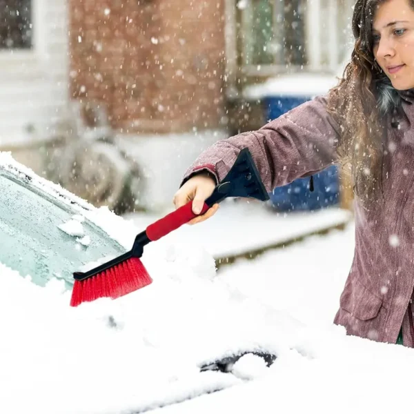 Soft bristle snow brush on 2-in-1 car tool, sweeps snow without scratching paint