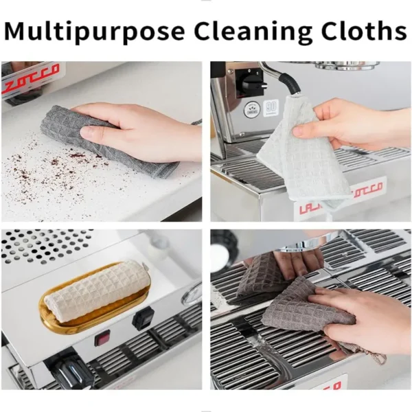 Barista microfiber towel cleaning espresso machine steam wand, no scratches or residue