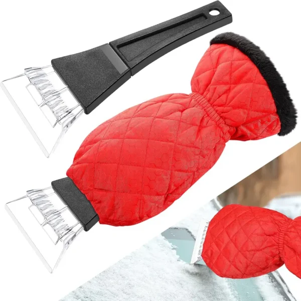 car-ice-scraper-removing-thick-ice-from-windshield Detachable design of car ice scraper and warm glove, versatile use