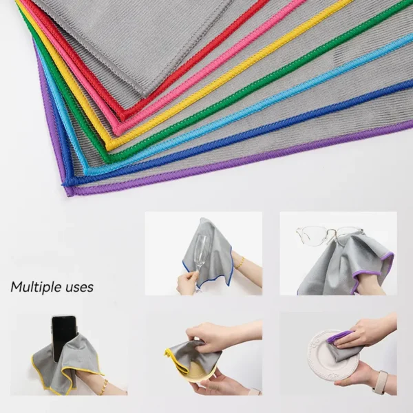 Colorful reinforced edges on microfiber cleaning cloths, prevents fraying