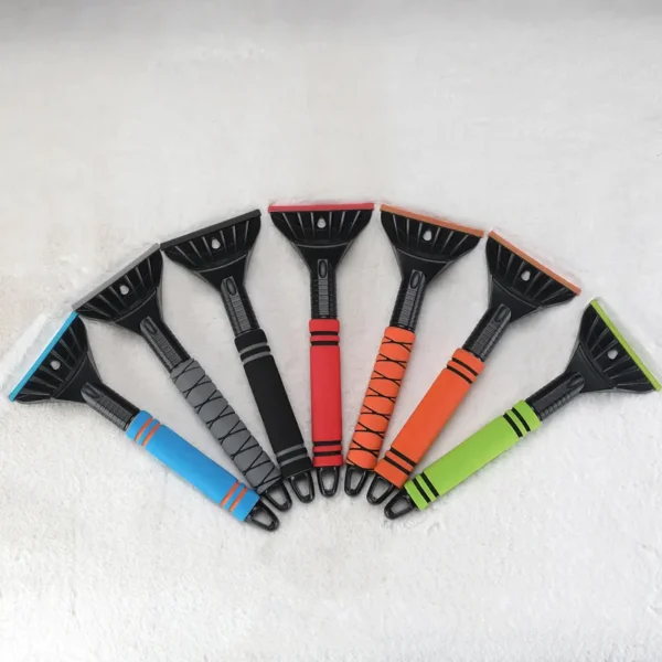 Cross-textured foam handle on ice scraper, non-slip grip and warm to hold in cold weather
