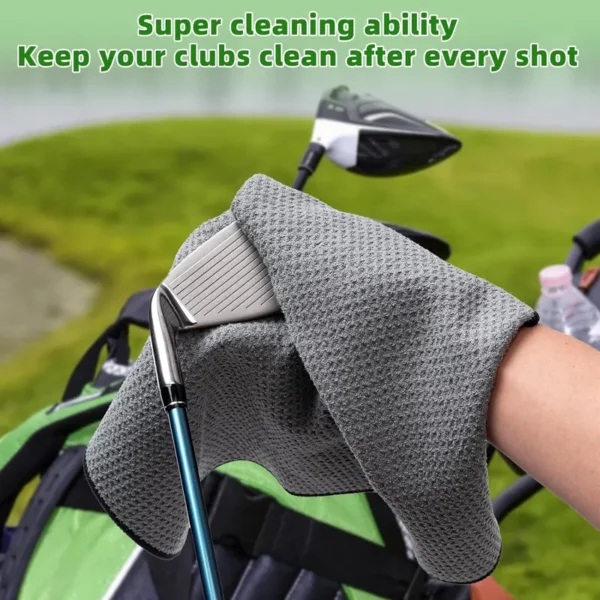 golf-towel-attached-to-bag-with-carabiner Golf towel attached to golf bag with carabiner clip, quick access on the course