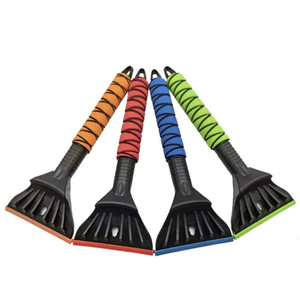 Soft rubber blade ice scraper with cross-grip foam handle, gentle on glass and paint