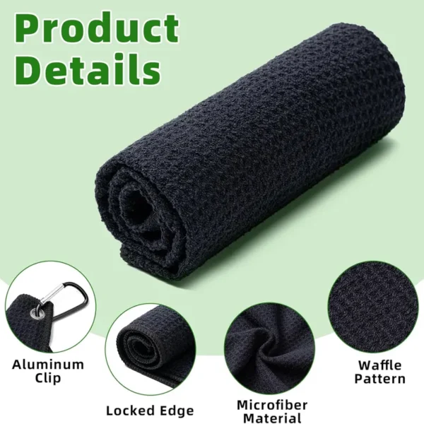 waffle-weave-microfiber-texture-closeup Golf towel attached to golf bag with carabiner clip, quick access on the course